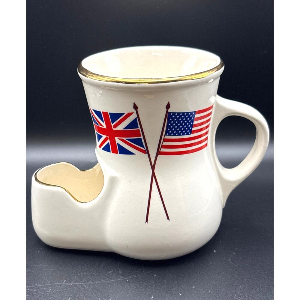 Shaving Mug Cup Scuttle Soap & Brush Holder British & USA Flags Vtg Vanity Decor
